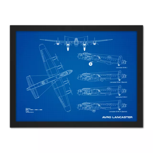 Avro Lancaster Bomber Aircraft Plane Blueprint Plan Framed Wall Art Print 18X24