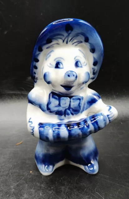Gzhel Porcelain Figurine Hedgehog Accordion Anthropomorphic Signed Blue &White
