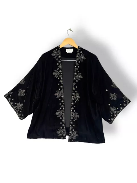 Anthropologie Black Velvet Jacket One Size Kimono Sleeves Gold Embroidery