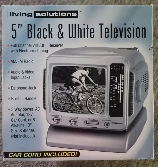 Living Solutions 5" Black & White AM/FM Radio TV ATC-032 New Silver With Adapter