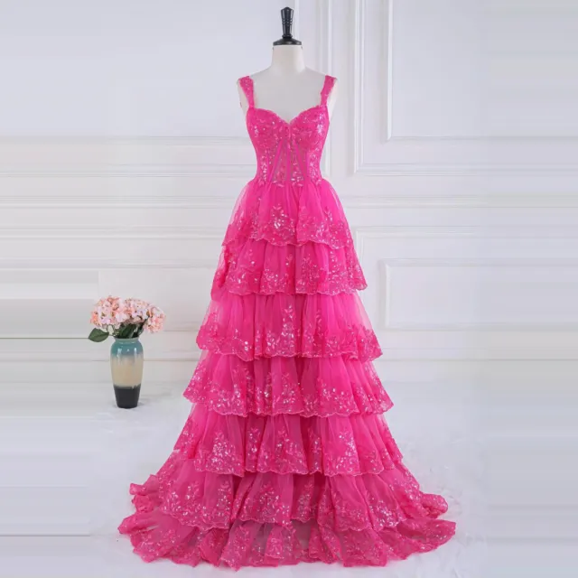 Hot Pink Layers Evening Gown Long Off The Shoulder Tiered Prom Dresses With Slit