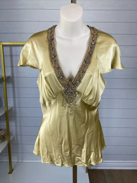 VTG Y2K Coquette Tracy Reese Women’s Sz 8 Small Gold Silk Beaded Embellished Top 2