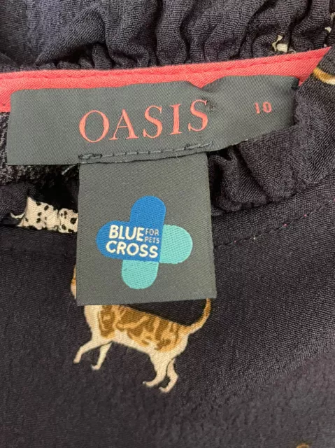 OASIS 10 Vgc Blue Cross Navy Dog/Cat Print 3/4 Sleeve Frill Top, Limited Edition 2