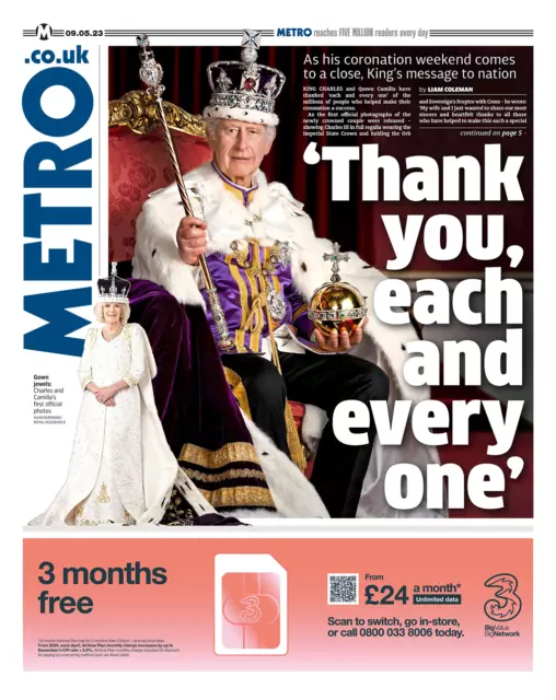 UK Metro Newspaper, King Charles III Coronation, Royal Family, Souvenir, 9.5.23