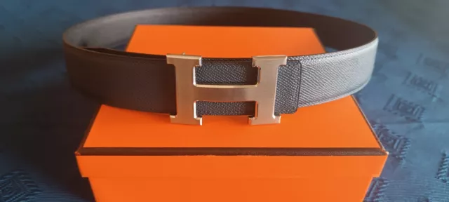 Cintura Hermes EPSOM Leather Size 95 Reversibile Blu/Black 38mm Palladium Silver