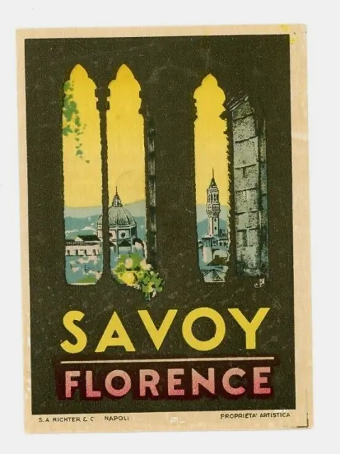 1920-30s Savoy Florence Hotel Luggage Label S A Richter Italy Vintage