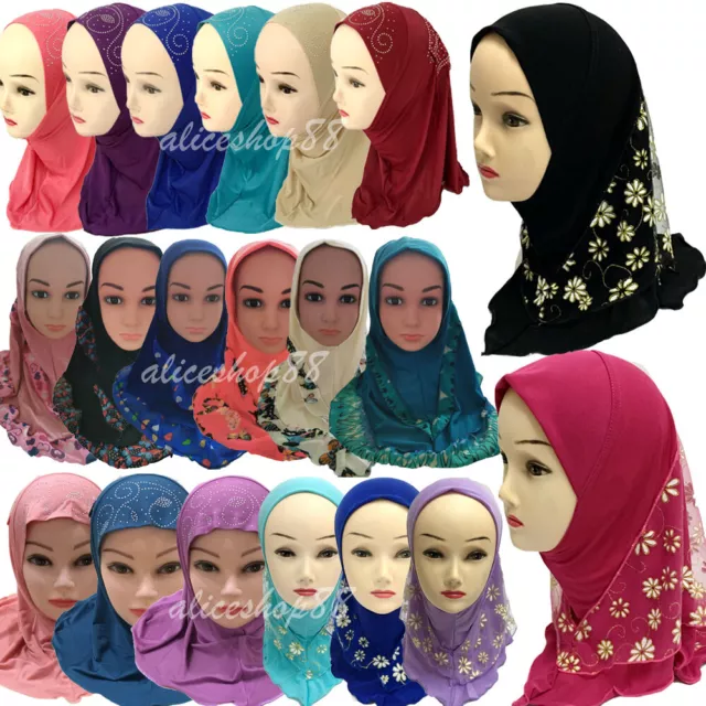 Kids Girls Muslim Rhinestone Hijab Scarf Amira Headwear Islamic Wrap Cap 2-6Y