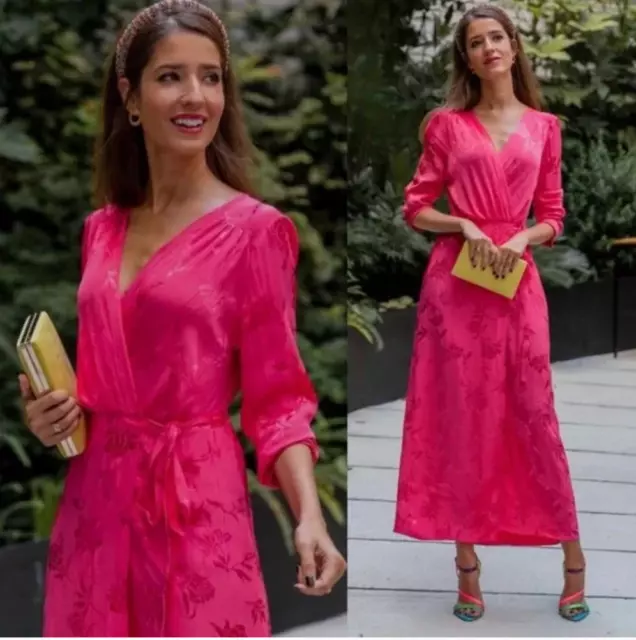 ZARA Pink Belted Wrap Maxi Dress Jacquard Satin Kimono High Slit Resortwear, XS