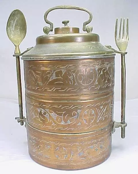 Vintage TIFFIN Copper & Brass Lunch Box 3 Tier Asian w/ Fork & Spoon Curry