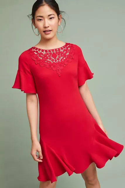 Nwt Anthropologie Shoshanna Red Ruby Ruffled-Sleeve Dress- Size 8- $398