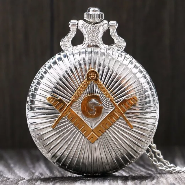 Vintage Silver Freemasonry Masonic Mens Quartz Pocket Watch Necklace Chain Gift