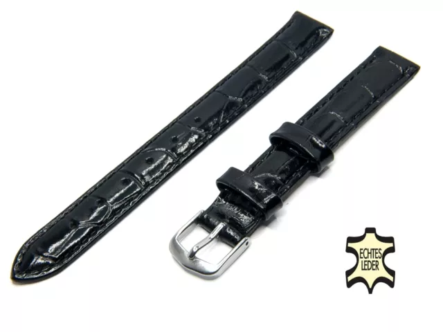 12 mm Uhrenarmband SCHWARZ Echt Leder KROKO-PRÄGUNG glänzend NEU