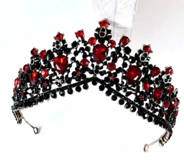 Tiara - Red Black Stones - Antiqued Gold Look - Costume Accessory - Teen Adult