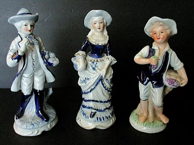 VINTAGE PORCELAIN HAND MADE & HAND PAINTED SET OF 3 FIGURINES, Blue & White