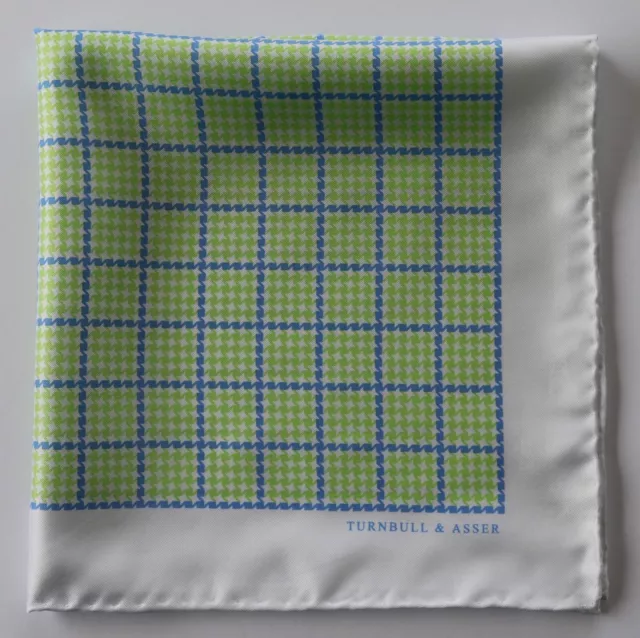 Turnbull & Asser Silk pocket square 45cm. White, green & blue. Hand rolled.