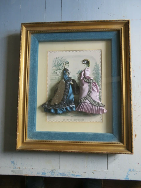 Cadre Miniature Sous Verre - Jeune Femme Dessinée - Bois Doré - Très Bon état