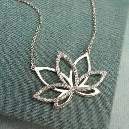 2 Ct Round Cut Simulated Diamond Women's Lotus Pendant 14K White Gold Plated
