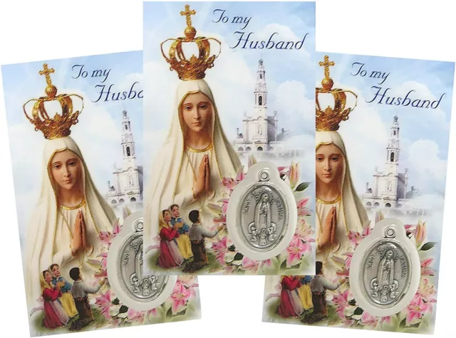 Our Lady of Fatima Laminated Prayer Cards With Medals to My Husband, 3 Pack