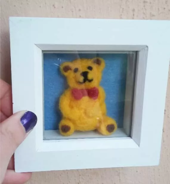 Needle felted Teddy Bear in White Box Frame. Handcrafted OOAK.