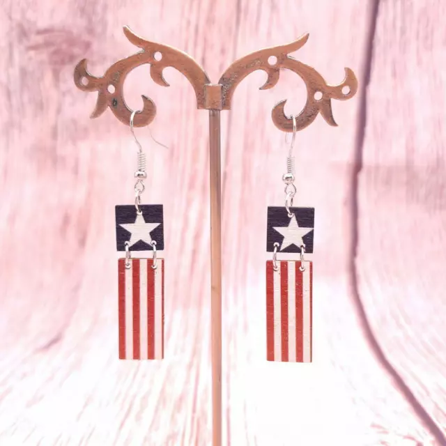 Patriotic American Flag Earrings Star Stripe Printed Square Wood Bar Earrings