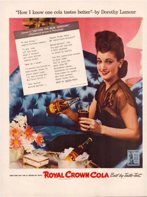 Print Ad Royal Crown RC Cola 1942 Dorothy Lamour Full Page Magazine 10.5"x13.5"