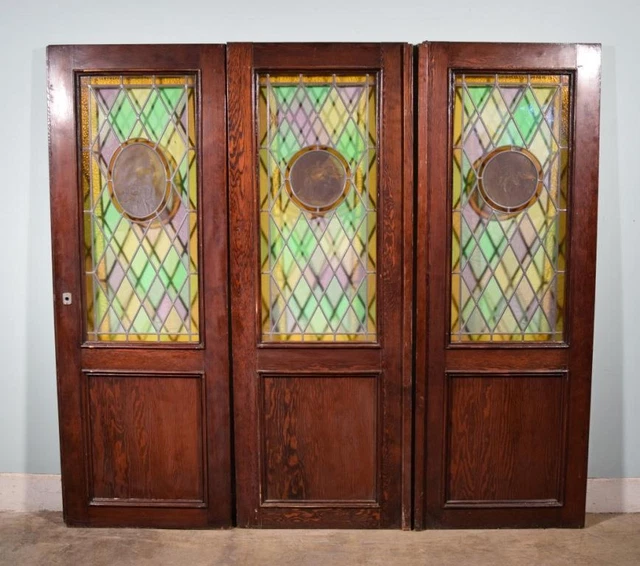 *Set of Three Pine Antique French Stained Glass Doors with Images of Paintings 9