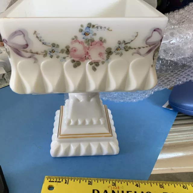 WESTMORELAND Milk Glass Wedding Cake Box Handpainted Pedestal Candy Dish ,No Lid