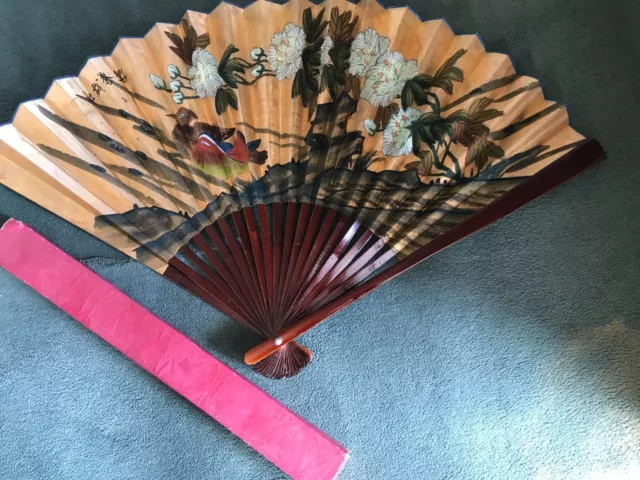 Rare Large Vintage Hand-Painted Oriental Fan-In Original Box-Inherited 35+Yrs