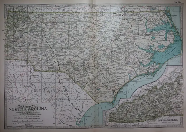 Old 1897 Century Atlas Map ~ NORTH CAROLINA ~ (12x18) ~ Free S&H #267