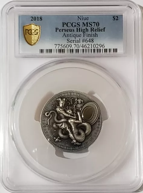 2018 2 Oz Silver $2 Niue Demigods PERSEUS PCGS MS70 Gold Shield Coin.