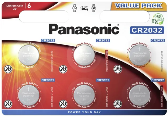 6er Panasonic CR 2032 Lithium Power im 6er Blister 3V Uhren Knopfzelle Batterien
