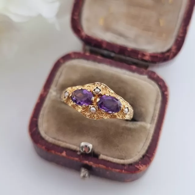 Vintage 9ct Yellow Gold Amethyst And Seed Pearl Victorian Style Ring
