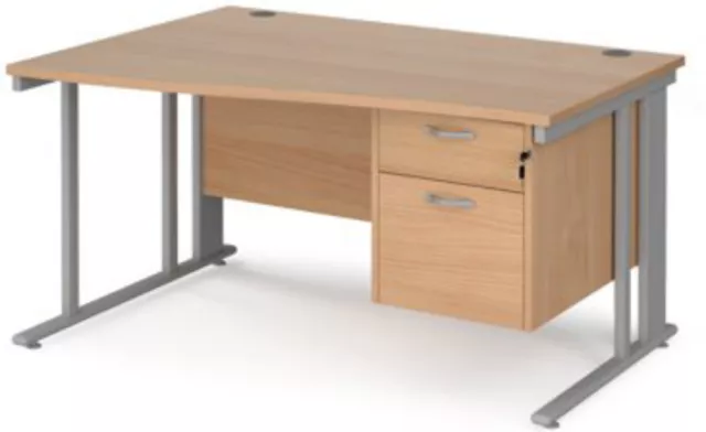 Maestro 25 left hand wave desk 1400mm wide with 2 drawer pedestal - silver cable