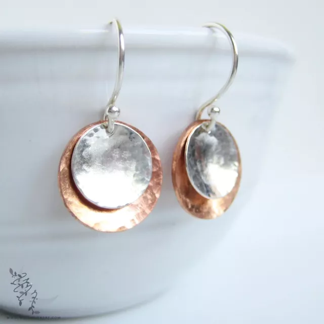 Mixed Metal Circle Dome Earrings Copper Handmade Hammered Dangly Oxide Earrings