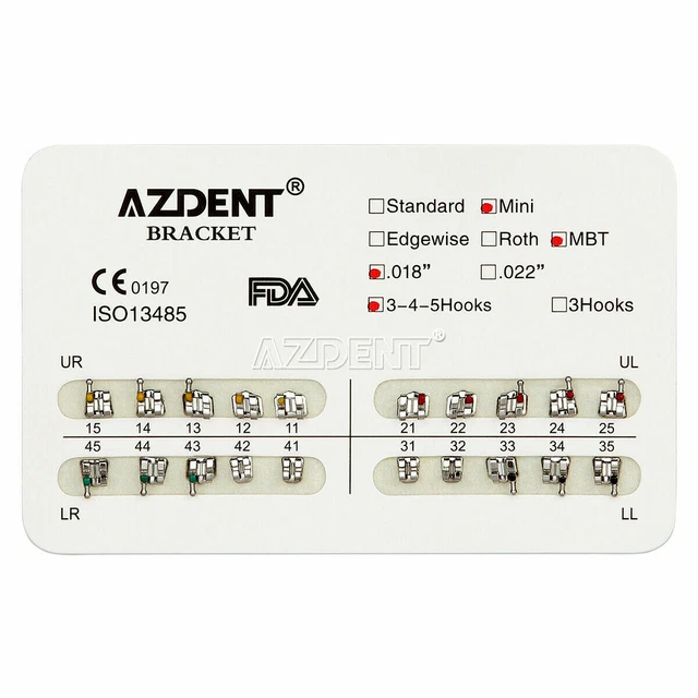 20pcs AZDENT Dental Ortho Metal Bracket Braces Mini MBT0.018 Hooks 3-4-5