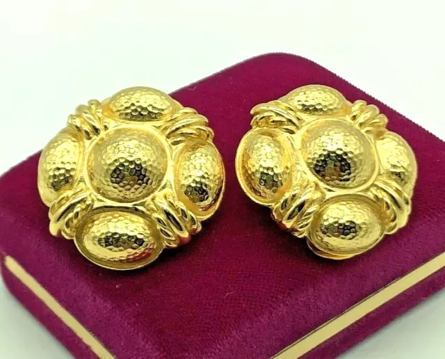 Christian Dior Hammered Round Dome Cabochon Gold Tone Clip Earrings Rare Couture