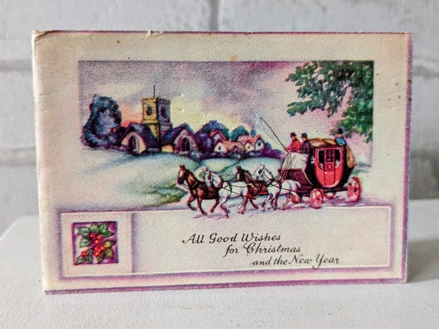 Vintage Pretty UNUSED Horse & Carriage 1940's Christmas Greeting Card (EB4190)