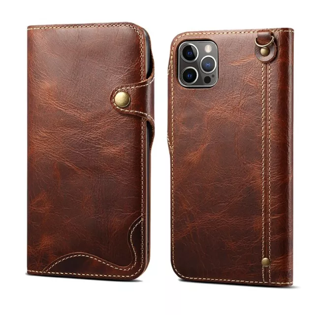 Luxury Real Leather Wallet w/ Strap Phone Case For iPhone 15 14 13 12 11 Pro X 8