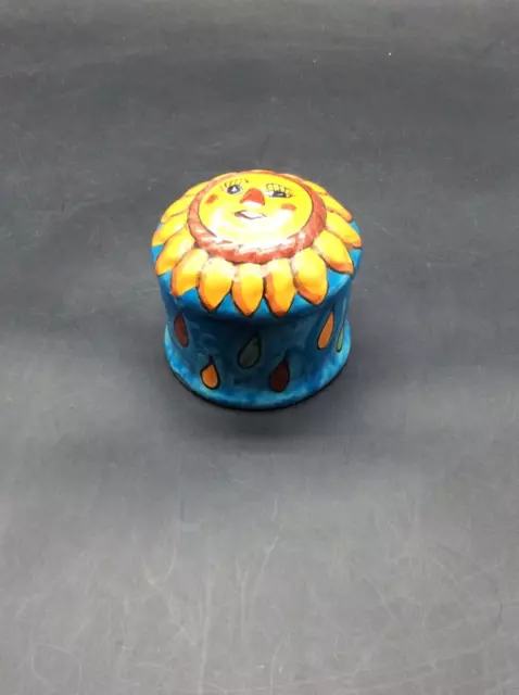 FOLK ART Hand Painted Mexican Pottery SUN Trinket Box Jewelry box