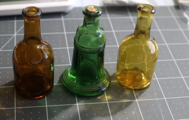 Lot 3 VTG Miniature 3" Glass Bottles Green Liberty Bell and Amber Made Taiwan