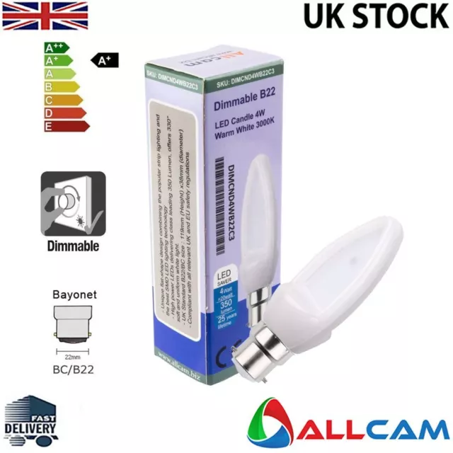 Allcam Dimmable LED Candle Bulb 4W B22/BC LED Lights, 350 Lm, Warm White, New