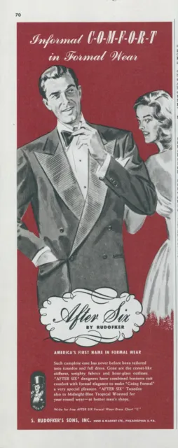 1948 After Six Rudofker Formal Wear Man Tuxedo Bow Tie Vintage Print Ad C1