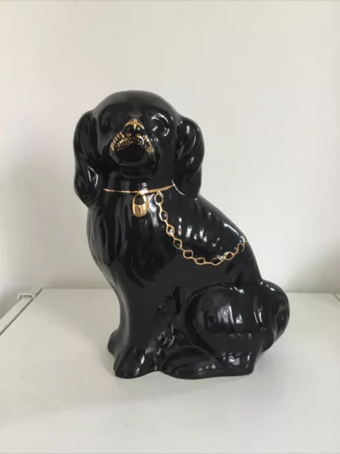 Vintage Ceramic Black Spaniel Dog Ornament Statue With Gold Chain 12” Height