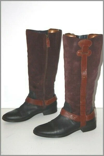 TOMMY HILFIGER Bottes Daim Prune Cuir Noir Lanières T 37 TBE
