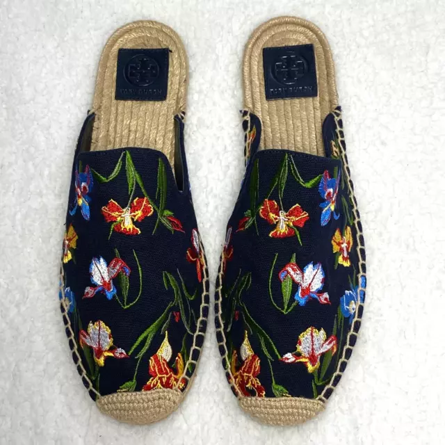 Tory Burch Navy Embroidered Iris Floral Espadrille Mules 46913 Women Size 10.5M