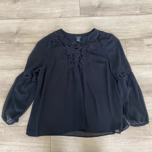 Torrid Black Lace Sheer Flowy Blouse Size 2 V Neck Overlay Long Sleeve