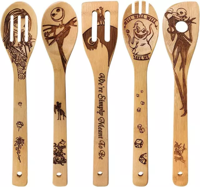 Halloween Idea Gift Utensil Burned Wooden Spoons Set Bamboo Spatulas 5 Pcs