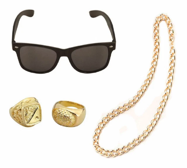 Accessori Rapper Carnevale Completo Rapper Hip-Hop Anni '90 - Set Di 4 Pezzi Stile Gangster Big Daddy DMC, Taglia Unica Punk Rave - Foto 5