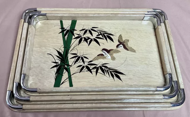 Vintage Set of 3 Graduating Japanese Wooden Tea Trays Hand Painted