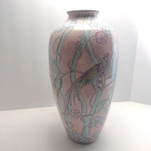 WBI 15" Porcelain Ginger Jar Vase BIRDS Cherry Blossom Flowers Pink Chinese